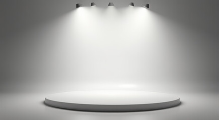 Brightly lit presentation stage with minimalist design ideal for events, showcases, and product displays in a modern space