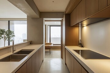 Fototapeta premium Comfortable minimal kitchen space with kitchen countertop with generative ai