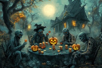 Spooky Halloween scene with zombies playing cards around a table under a full moon, surrounded by pumpkins and a haunted house in the background.