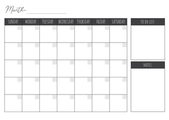 Blank Monthly Calendar Template. Vector calendar. Week starts sunday. Calendar template in minimal design