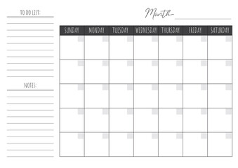 Blank Monthly Calendar Template. Vector calendar. Week starts sunday. Calendar template in minimal design