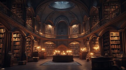 Obraz premium A grand magical library with towering bookshelves arranged in a perfect circle, soft candlelight illuminating ancient tomes, with a cozy central reading area