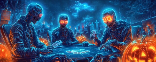 Fototapeta premium Futuristic neon skeletons play card game on Halloween night, glowing pumpkins illuminate eerie graveyard atmosphere.