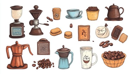 Illustration of coffee-related items and accessories.