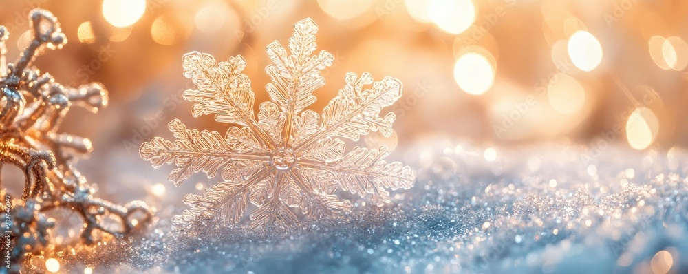 Poster a sparkling snowflake rests on soft snow, illuminated by warm, glowing lights, creating a serene win
