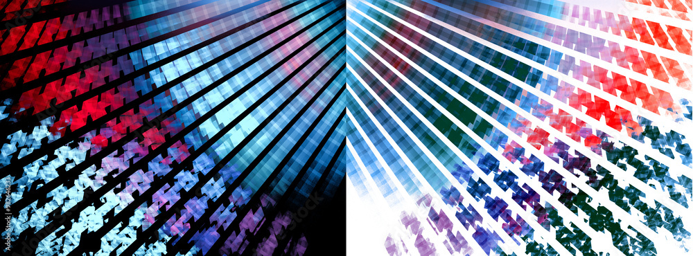 Poster colorful patterned rays diverge symmetrically on black and white backgrounds. two abstract fractal b