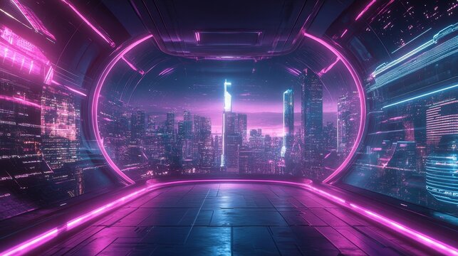 A high-tech virtual reality room with holographic displays surrounding the user, featuring futuristic cityscapes, AI-generated skyscrapers, and soft purple light. [Cyberpunk, Neon, High-tech, 3D]