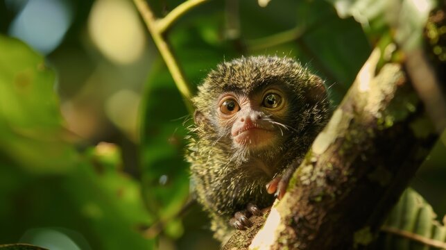 Adorable Curious Primate Peeking from Lush Green Jungle Foliage