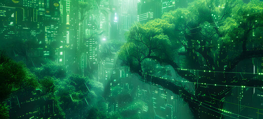 Obraz premium eco-friendly future city with big tree-lined environment with green neon light atmosphere. Sustainable green building. Eco-friendly building. greencity banner
