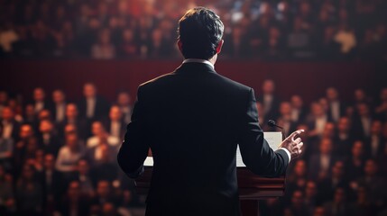 A speaker addresses a captivated audience in a well-lit venue, highlighting the importance of public speaking and engagement.