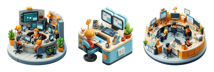 Fototapeta premium Isometric Illustration Of Modern Office Desk Setups With Computers and Plants