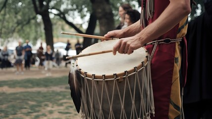 Close-Up of a Musician Playing a Traditional Drum at an Outdoor Festival, Capturing the Rhythm and Spirit of Community Celebration