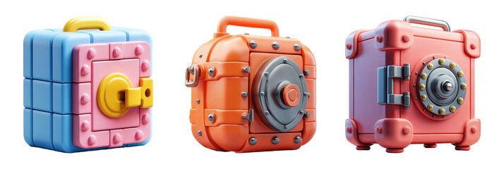Colorful Cartoon Safes: Secure and Vibrant 3d Illustrations Against Transparent Background