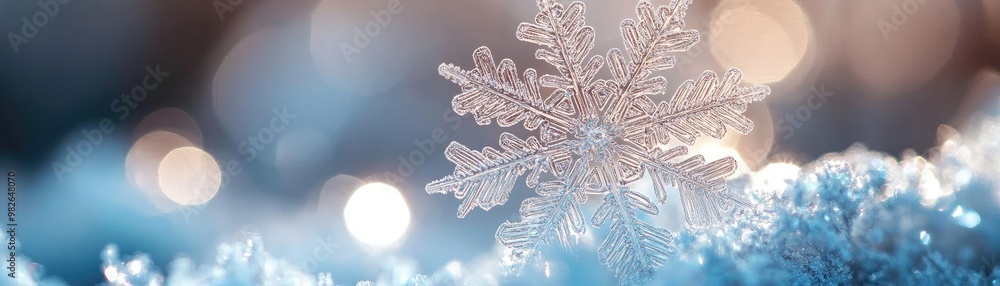 Poster beautiful and delicate snowflake resting on soft frost, capturing the essence of winter's magic and 