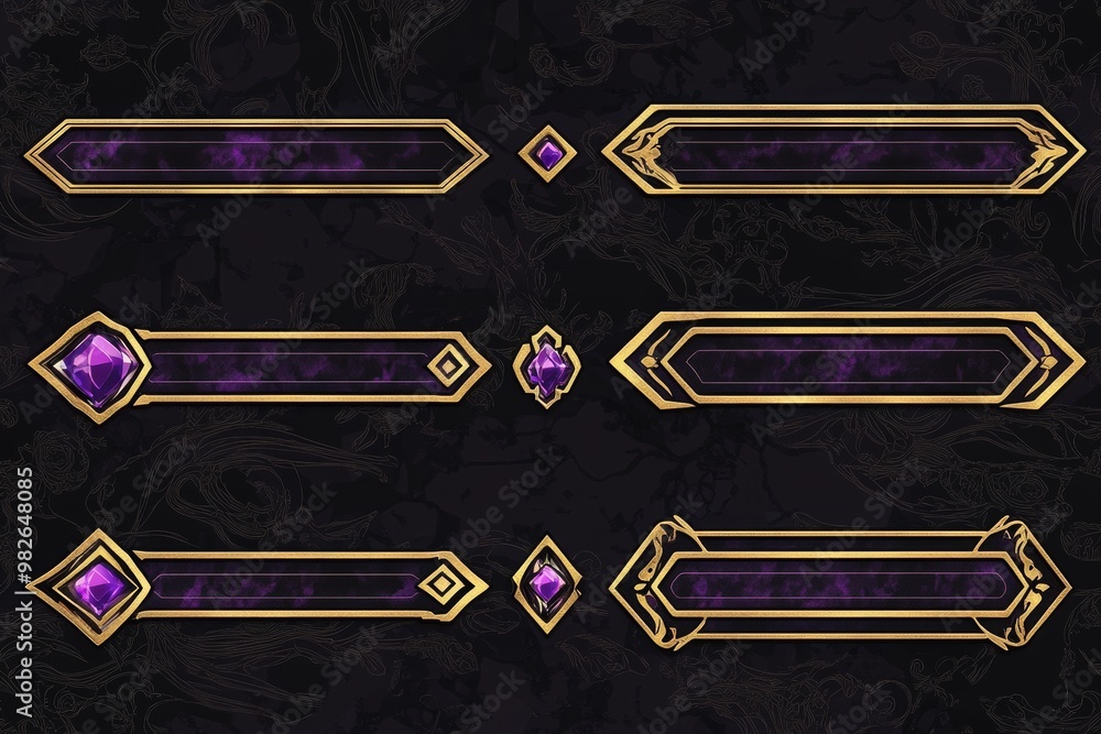 Poster the set of empty square banners has a fancy golden border in medieval style and purple gems scattere