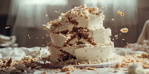 A white cake destroyed, crumbs flying through air.