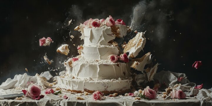 A destroyed wedding cake with roses and white fabric.