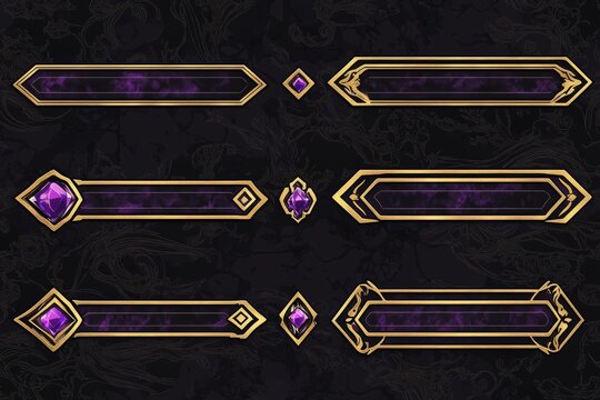 The set of empty square banners has a fancy golden border in medieval style and purple gems scattered on a black background in a fantasy theme.