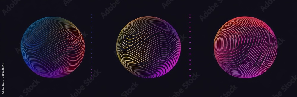 Poster round neon color circles with wavy dynamic lines isolated on black background