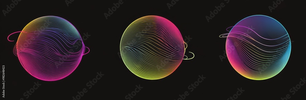 Poster isolated on black background, a set of glowing neon circles shaped into a round curve shape with wav