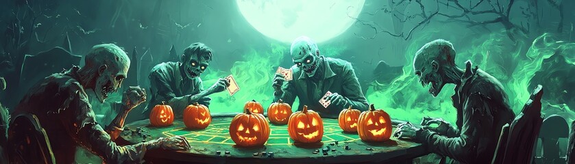 Ghostly poker game under full moon with jack-o'-lanterns on table, creating an eerie Halloween atmosphere.