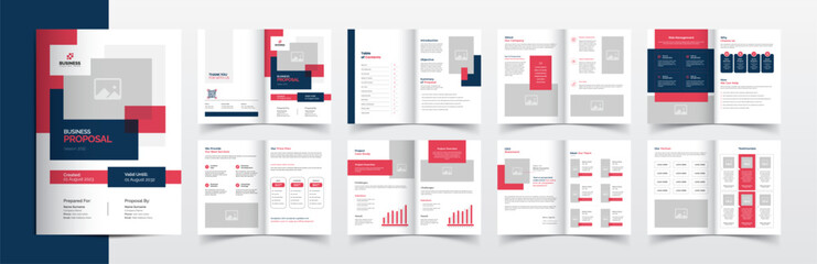 Company business proposal brochure template layout design with red and dark color accents, clean and simple company profile brochure desgin