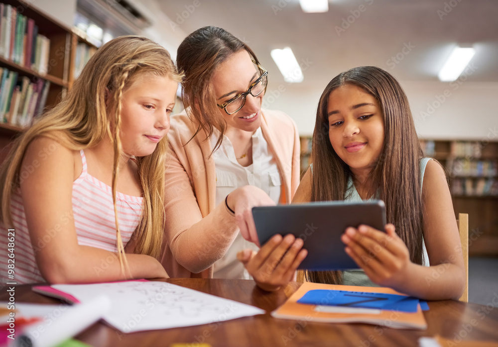 Fototapete children, teacher and helping with tablet for education, elearning and math game for numbers solving