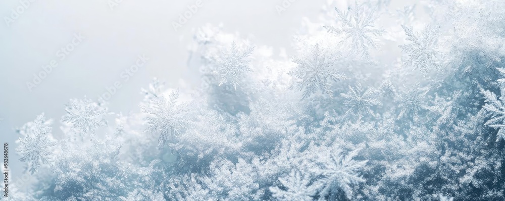 Poster a serene close-up of delicate snowflakes covering a smooth surface, creating a tranquil winter scene