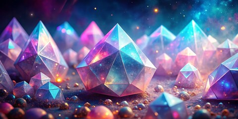 Luminous veils of cotton candy hues wafting through crystalline structures of repeating triangles and hexagons, casting an aura of whimsy and fantasy over the viewer