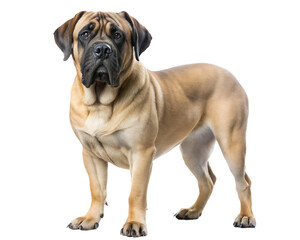 Obraz premium Large mastiff dog with tongue out standing and looking at camera, isolated on white background.