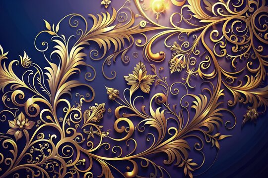 Golden filigree swirls against a gradient of deep blues and purples, evoking a sense of luxury and refinement through masterful use of light and shadow in this high-contrast composition