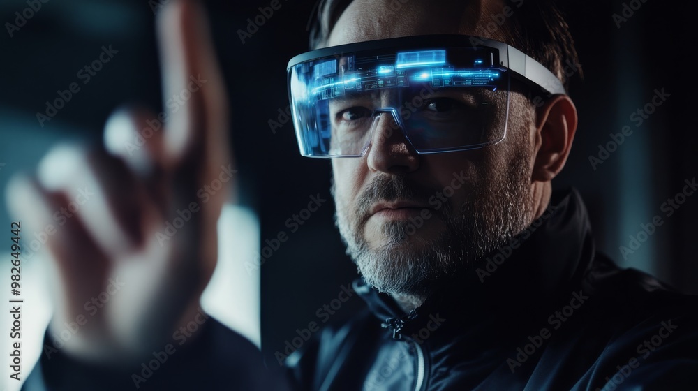 Poster a focused individual using futuristic smart glasses, interacting with virtual elements in a dark, hi
