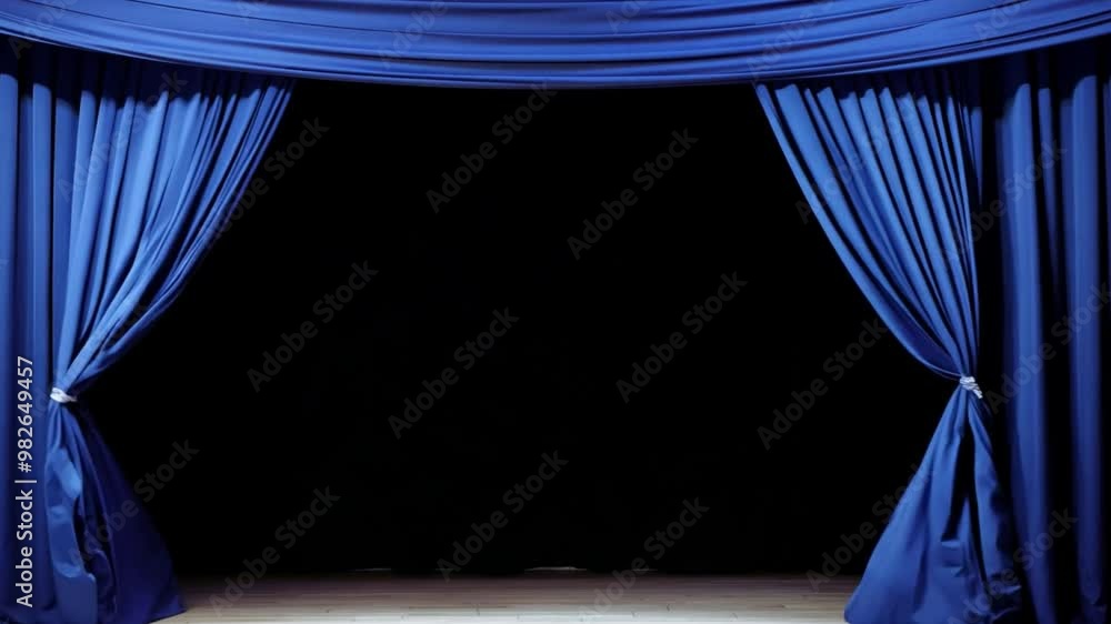 Poster rich blue curtains are elegantly parted in the center, revealing a darkened area behind them, common