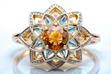 Radiant topaz and citrine tones burst forth from a central axis, geometric patterns and shapes unfolding like a lotus flower, with delicate lines and geometric precision 
