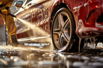 Close-up of car wheel being washed with water spray in an outdoor setting. Water droplets and soap suds reflecting sunlight, showing attention to detail in car cleaning.