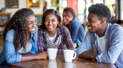 Group of friends, smiling and engaging in lively conversation over coffee in a bright and cheerful cafe, setting reflects joy, connection, and the enjoyment shared moment.