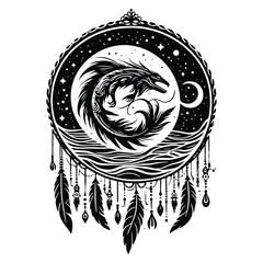 Fototapeta premium Leviathan with bohemian decoration in black and white illustrations, cutout graphic d