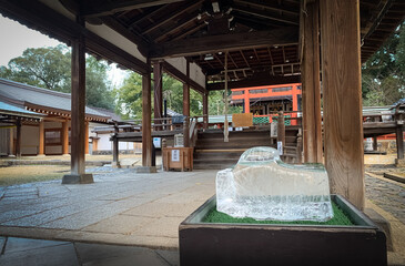 Block of ice naturally frozen in an icehouse (himuro), dedicated to Himuro shrine in Nara, Japan