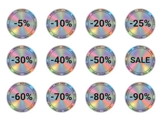 Set of discount holographic stickers for sale. Vector illustration with iridescent foil self-adhesive film.