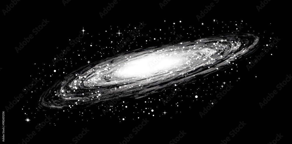 Poster this is a deep space background with spiral galaxy, glowing nebula, and stars in a stippled style. d
