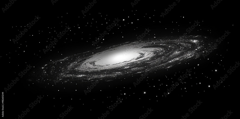 Wall mural background with spiral galaxy and glowing nebula. retro dotwork. pointillism. panorama. noisy grainy