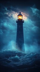 A solitary lighthouse stands tall amidst a turbulent sea during a stormy night. The structure is illuminated, casting a warm, golden light through the churning waves and dense clouds. The dark, forebo © Jesse