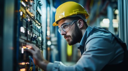 A focused technician in a safety helmet works on a control panel, adjusting settings with precision in a well-lit technical environment.