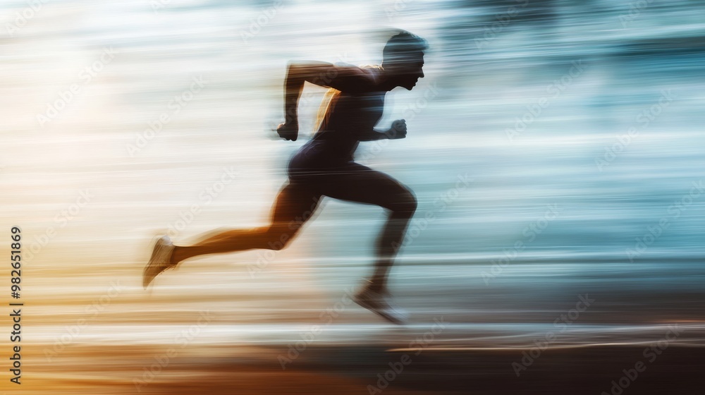 Poster a motion-blurred image of a runner sprinting, capturing a sense of speed and athleticism against a d