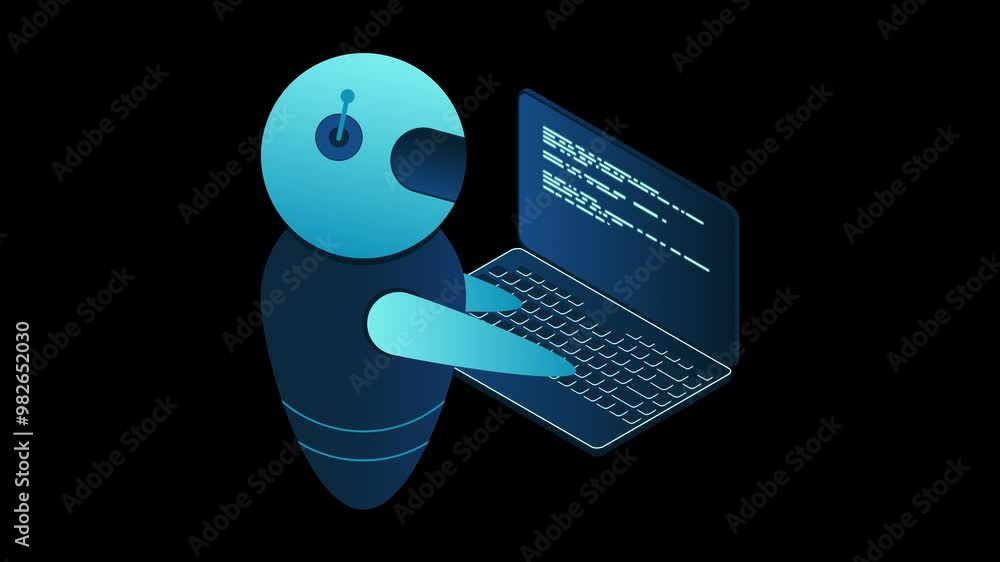 Poster futuristic robot interaction with computer animation. isometric ai robot. digital communication chat