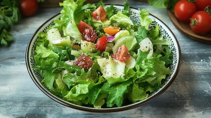 Fresh Greek salad-feta cheese, tomato, lettuce, black olives, Maroulosalata Greek Lettuce Salad with iceberg lettuce.