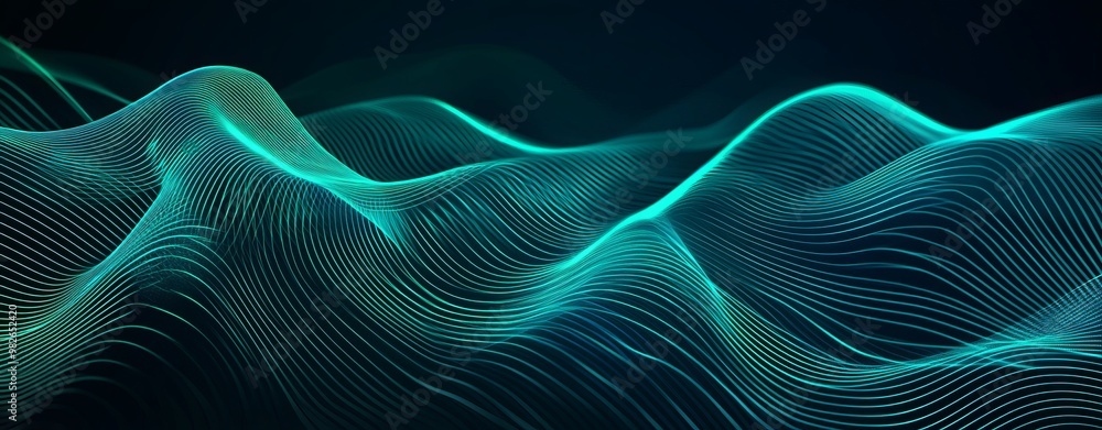 Poster light blue neon background with smooth waves. abstract wave with motion, magic space light.