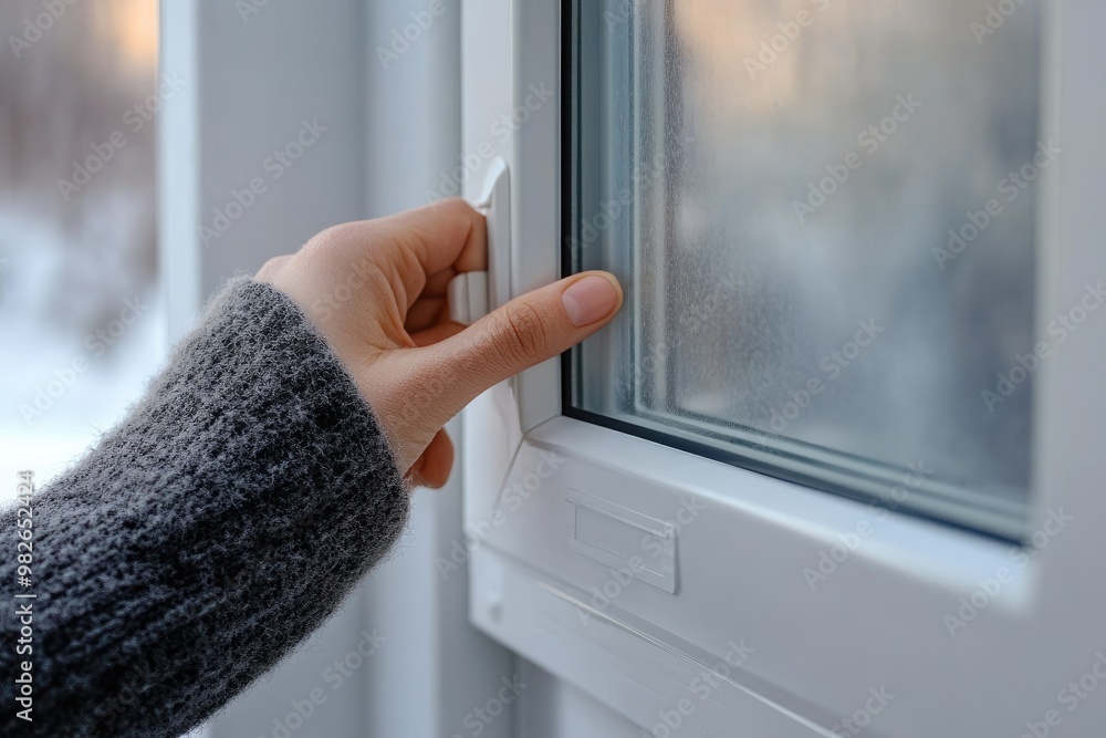 Poster hand opens window latch. this image shows a hand reaching out to open a window latch.