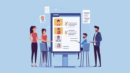 Fototapeta premium Employee hiring process concept with people scene for web. Woman submits resume for open vacancy. HR manager selects candidate and interviews at meeting. Vector illustration in flat perspective design