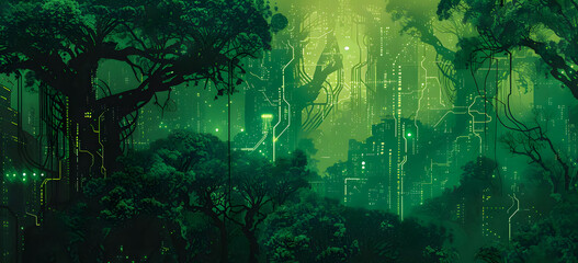Fototapeta premium eco-friendly future city with big tree-lined environment with green neon light atmosphere. Sustainable green building. Eco-friendly building. greencity banner